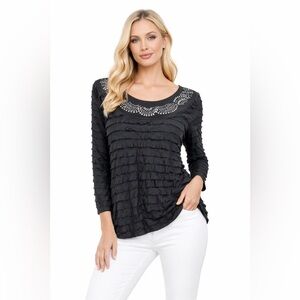 Janeric Womens Black 3/4 Sleeve Tiered Ruffled Layered Embellished Top Size PXL